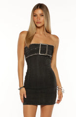 Jengi Black Washed Denim Buckle Strapless Mini Dress