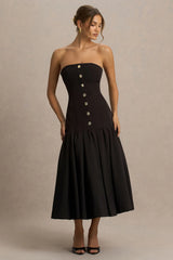 Briella | Black Bandeau Midi Dress With Gold-Button Detailing
