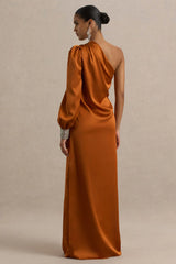 Thelma | Orange Satin Asymmetric Maxi Dress With One-Sleeve
