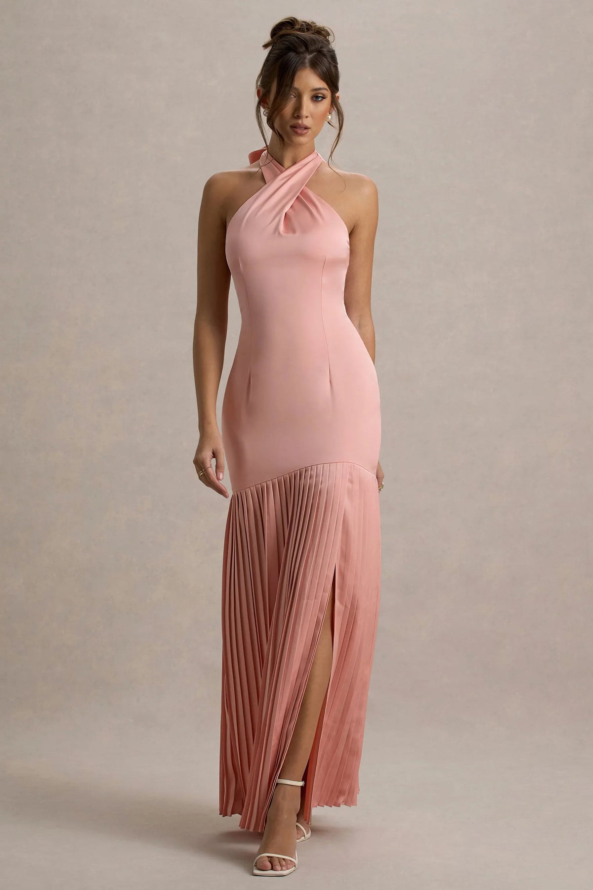 Sansa | Light Pink Satin Cross Halter-Neck Plisse Maxi Dress