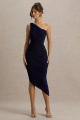 Dorit | Navy One Shoulder Asymmetric Ruched Midi Dress