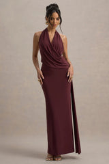 Rosina | Burgundy Halter-Neck Draped Maxi Dress With Sash