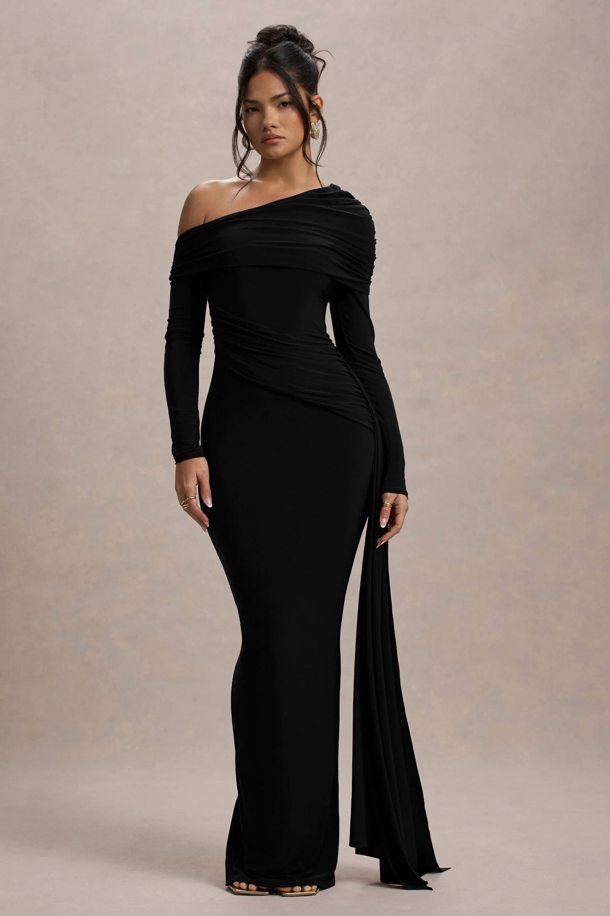 Valina | Black Ruched Asymmetric Maxi Dress With Drape