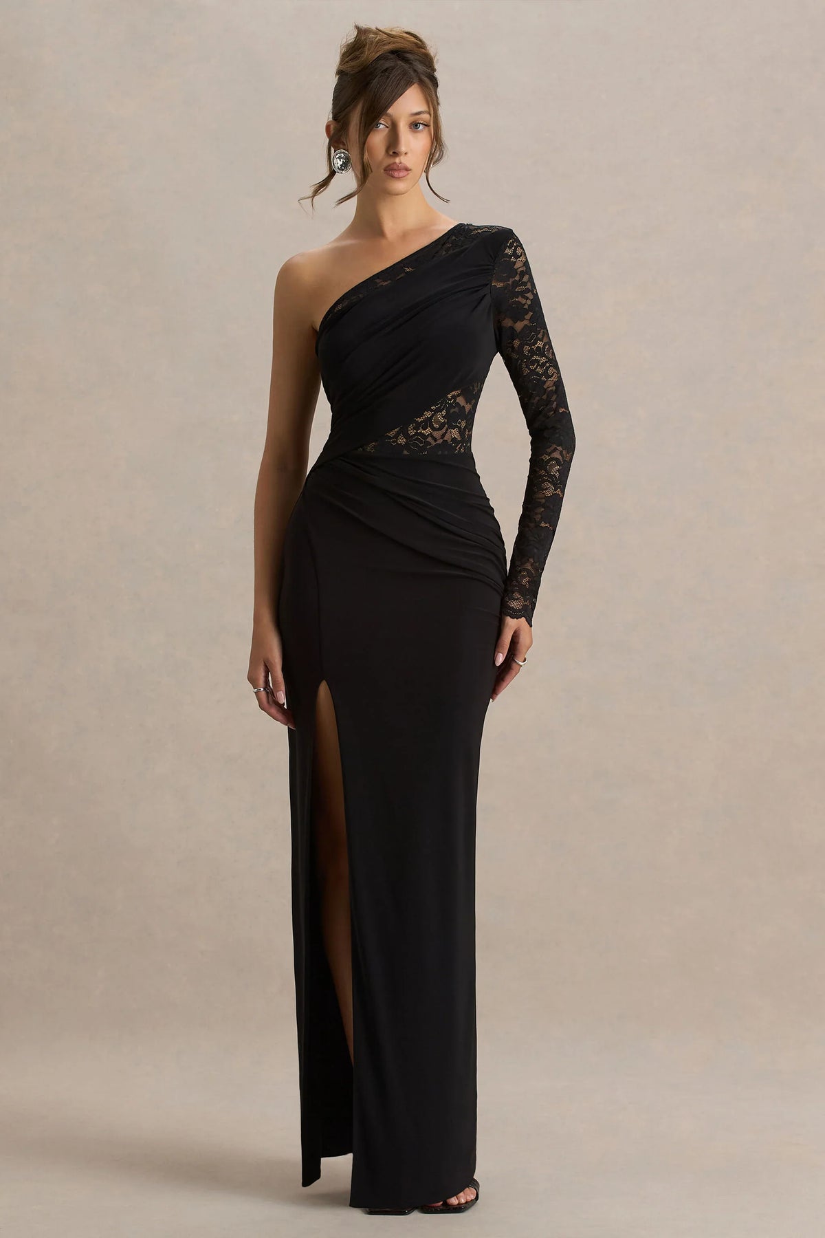 Melody | Black Asymmetric-Neck Maxi Dress With Lace Detailing And Front-High Split