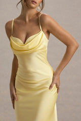 Eimear | Lemon Satin Draped Sweetheart Maxi Dress