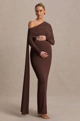 Cyra | Brown Bardot-Neck Maternity Maxi Dress With Sash