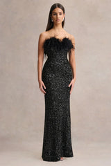 Daze | Black Sequin Bandeau Maxi Dress With Feather-Trim