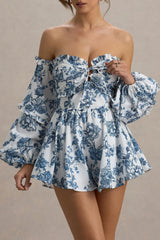 Ithaca | Blue Porcelain Print Bardot Ruffled Playsuit