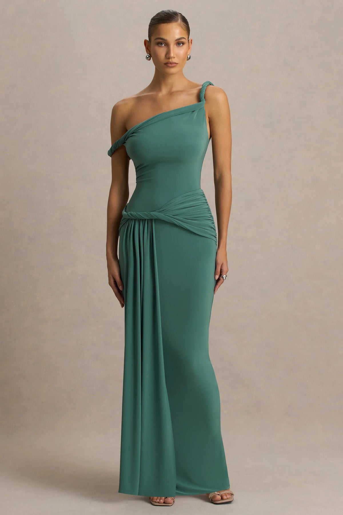 Tulisa | Green Asymmetric-Neck Maxi Dress With Twist Sleeves And Ruched Detailing