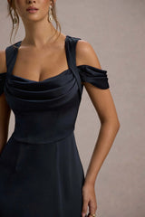 Sawyer | Navy Satin Draped Midi Dress