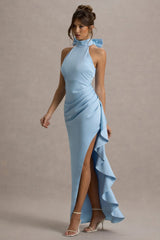 Maureen | Powder Blue Satin High-Neck Draped Maxi Dress