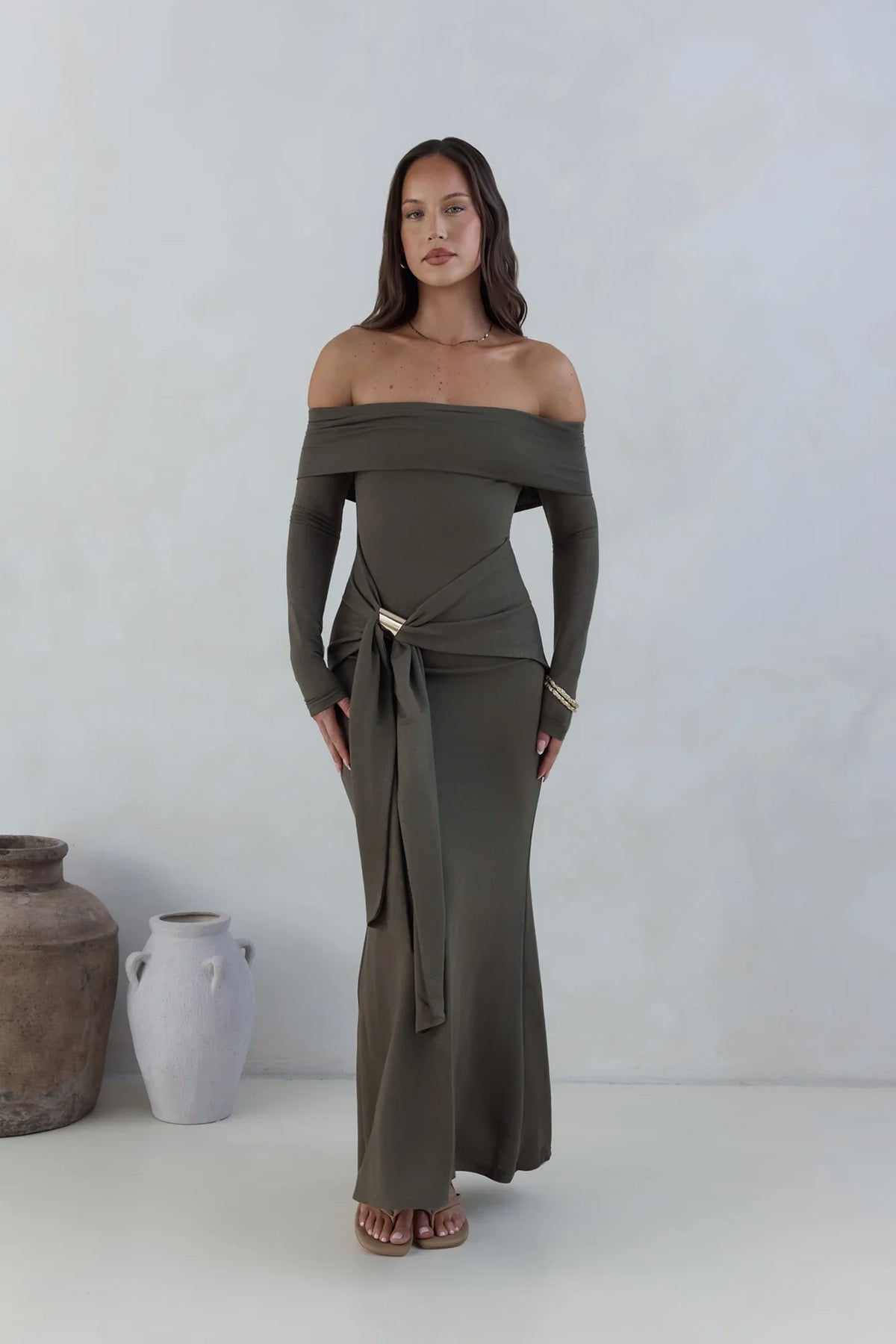The Getaway Edit Off Shoulder Maxi Dress Olive
