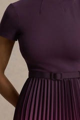 Libby | Burgundy Ombre Woven High-Neck Midi Dress With Pleated Detailing