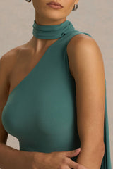 Freesia | Teal Asymmetric-Neck Maxi Dress With Scarf-Detail
