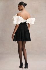 Brynne | Black & Cream Velvet Mini Dress With Satin Puff Sleeves
