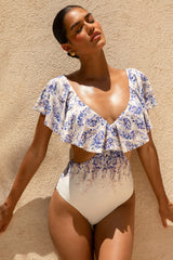 Paros | Wisteria Print Plunge-Neck Ruffled Swimsuit