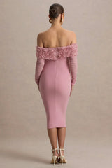 Adita | Blush Pink Mesh Floral Bardot Maternity Midi Dress