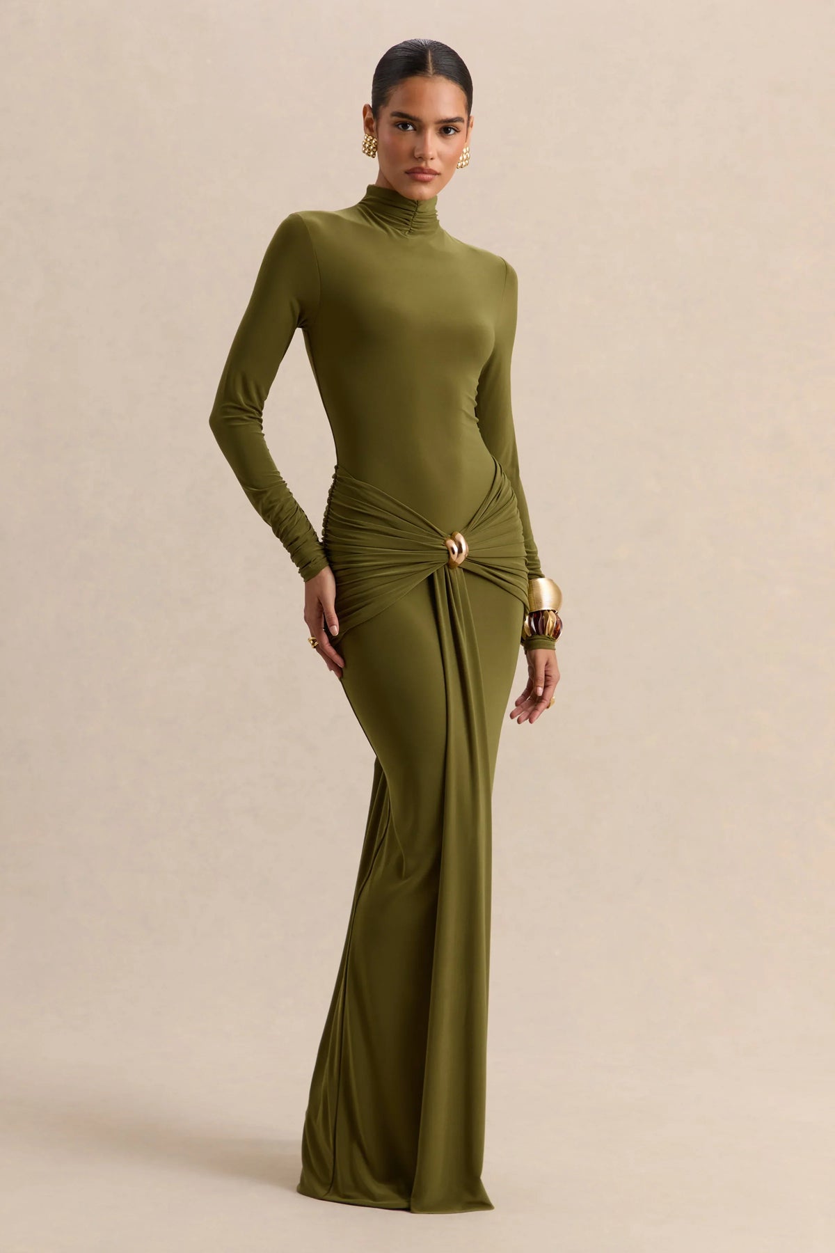 Ambrette | Olive High-Neck Maxi Dress With Gathered-Detailing
