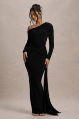 Valina | Black Ruched Asymmetric Maxi Dress With Drape