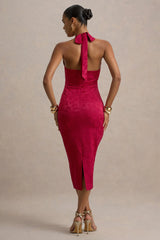 Aine | Red Satin Jacquard Cowl-Neck Midi Dress