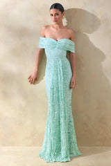 Aries | Mint Lace Bardot-Neck Maxi Dress With Gathered Detailing