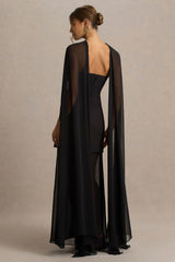 Chessa | Black Slashed-Neck Maxi Dress With Sheer Cape