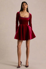 Beloved | Red Velvet Hand-Embellished Square-Neck Mini Dress