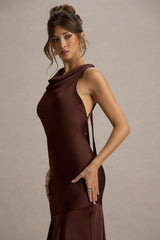 Amelita | Brown Satin Cowl-Neck Maxi Dress