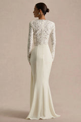 Beau | Ecru Lace Embellished Crew-Neck Maxi Dress With Draped Detail