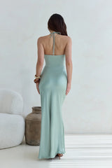Destinations Halter Satin Maxi Dress Sage