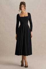 Alison | Black Square-Neck A-Line Midi Dress