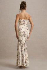 Callie | Lemon Floral Print Bandeau Fishtail Maxi Dress