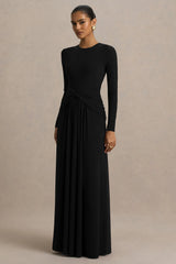 Estrella | Black High-Neck Maxi Dress With Ruched Detailing