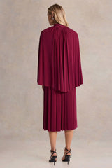 Honora | Burgundy High-Neck Midi Dress With Cape-Sleeves