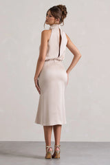 Geena | Champagne Satin Twisted High-Neck Midi Dress