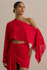 Aruba | Red Satin Devore Asymmetric Long-Sleeve Crop Top