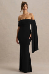 Saffina | Black Bardot-Neck Maxi Dress With Sash Detail