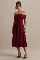 Isabella | Burgundy Bardot-Neck Midi Dress