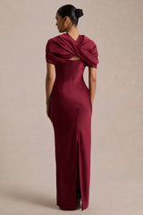 Yoli | Burgundy Satin Maxi Dress With Removable Twist-Cape
