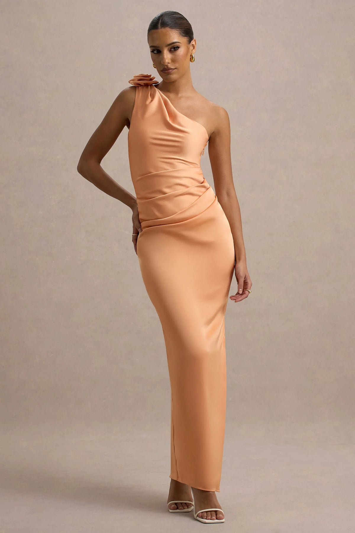 Janette | Peach Satin One-Shoulder Split Maxi Dress With Corsage