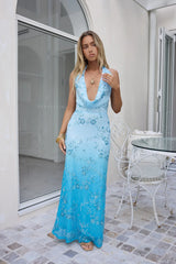 On The Stage Mesh Halter Maxi Dress Blue
