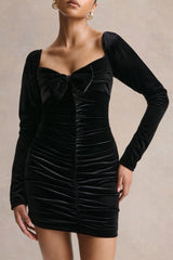 Kiss Of Midnight | Black Velvet Puff-Sleeve Mini Dress With Bow