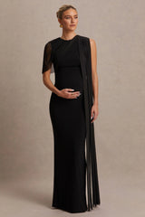 Amelise | Black High-Neck Maternity Maxi Dress With Mesh-Cape Sleeve And Sash Detail