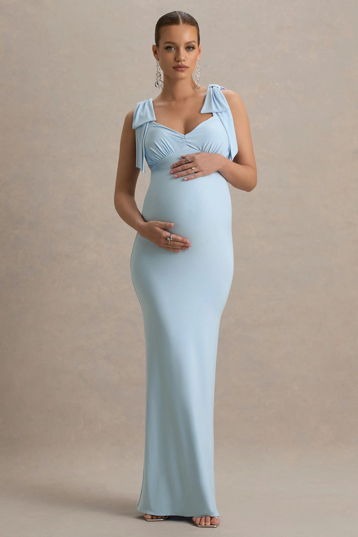 Sheen | Powder Blue Sweetheart Bow Strap Maternity Midi Dress
