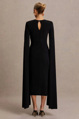 Flawless | Black Square-Neck Maternity Midi Dress With Cape-Sleeves