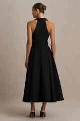 Alessa | Black Plunge-Neck Tailored Midi Dress