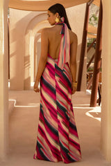 Melanie | Striped Halter-Neck Maxi Dress With Open Back