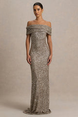 Melina | Champagne Sequin Bardot-Neck Maxi Dress