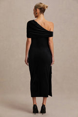 Zena | Black Velvet Asymmetric-Neck Maternity Midi Dress With Knot And Sash Detail