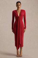 Ivara | Red Plunge-Neck Maxi Dress With Ruched Detailing And Sash